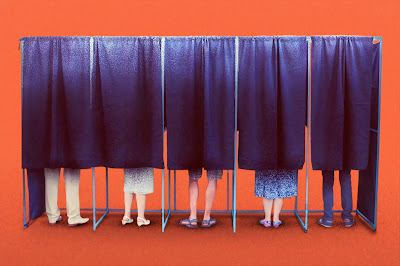 Voters in polling booths with curtains drawn