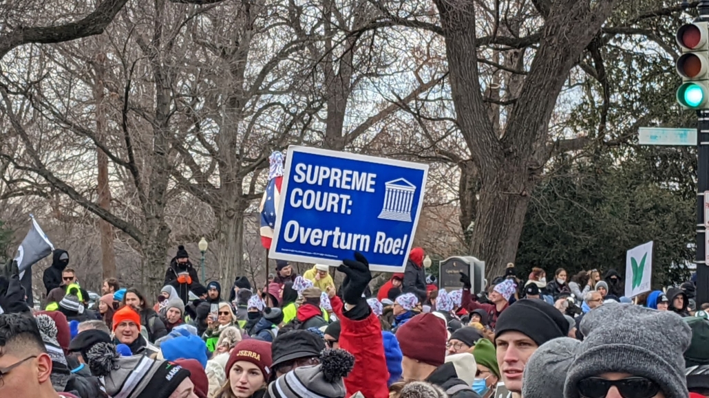 A sign reading "Supreme Court: Overturn Roe" above the March for Life crowd